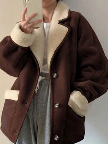女士休闲撞色保暖衬里翻领长袖简约冬季夹克 - 棕色 - 查看 4
