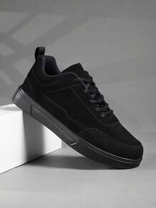 男士时尚系带皮革网眼拼接休闲运动鞋，百搭户外简约街头跑步高帮鞋 - 黑色 - 查看 4