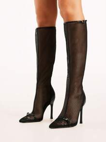 Women's Mesh Knee High Boots Pointed Toed Thin Stiletto High Heels Fashion Back Zipper Buckle Spring Summer Fall Boots - 黑色 - 查看 3