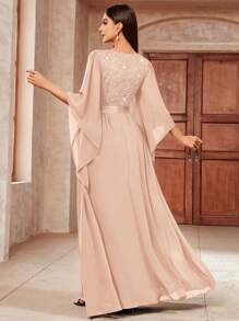 MIUSOL 深V领亮片拼接花卉蕾丝雪纺正式派对长裙，优雅女士春季派对礼服 - 香檳色 - 查看 3