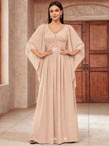 MIUSOL 深V领亮片拼接花卉蕾丝雪纺正式派对长裙，优雅女士春季派对礼服 - 香檳色 - 查看 4