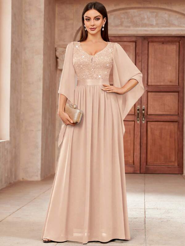 MIUSOL Deep V-Neck Sequin Insert Floral Lace Chiffon Formal Party Dress, Elegant Prom Evening Dress, For Wedding Guest, Graduation, Dinner