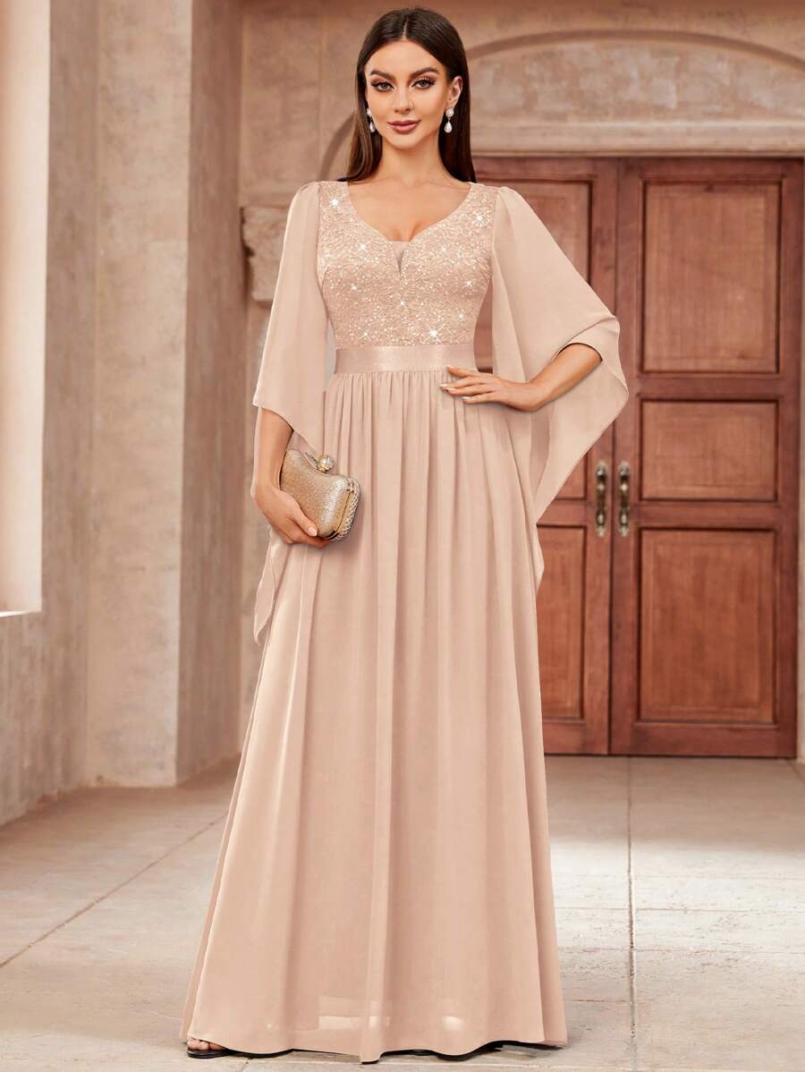 MIUSOL 深V领亮片拼接花卉蕾丝雪纺正式派对长裙，优雅女士春季派对礼服