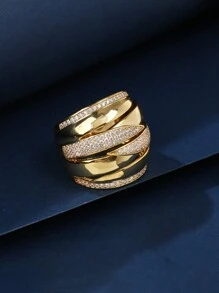 1pc Bronze Material Smooth Patchwork Ring With Inlay Rhinestone & Cubic Zirconia, Personalized Fashion Woman Big Ring, Suitable For Gift And Women's Daily / Holiday Wear