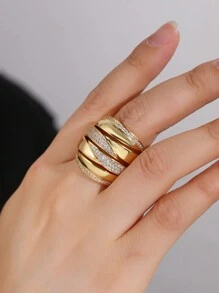 1pc Bronze Material Smooth Patchwork Ring With Inlay Rhinestone & Cubic Zirconia, Personalized Fashion Woman Big Ring, Suitable For Gift And Women's Daily / Holiday Wear