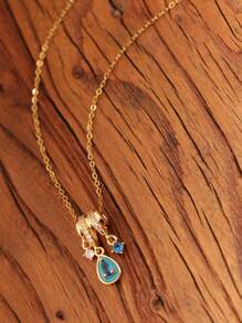 1pc Aurora Ice Blue Waterdrop Stainless Steel Teardrop Pendant Necklace, 18K Gold Micro Diamonds, Suitable As Gift For Wife, Female Friend, Wedding Present - Yellow Gold - View 6