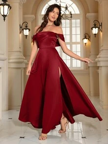 女士露肩开衩鸡尾酒会礼服、婚礼宾客礼服、正式礼服、晚礼服、长袍