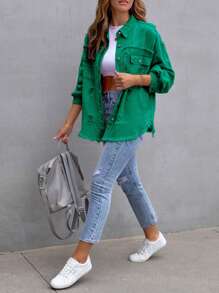 Women's Ripped Distressed Denim Jacket Long Sleeve Button Down Boyfriend Jean Coat Trucker Jacket - Green - View 4