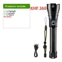 Đèn pin LED XHP360 công suất cao mới với ánh sáng mạnh sử dụng pin 18650/26650 có thể sạc lại, đèn pin chiến thuật có thể thu phóng dạng ống lồng mạnh mẽ, đèn lồng LED săn bắn ngoài trời, đèn cắm trại, đèn chiếu sáng đi bộ đường dài - màu đen - Xem 13