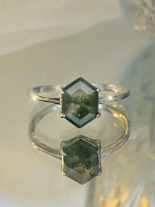 优雅纯银六角形绿玛瑙戒指，女士订婚/结婚/周年纪念/生日礼物 - 綠色 - 查看 3