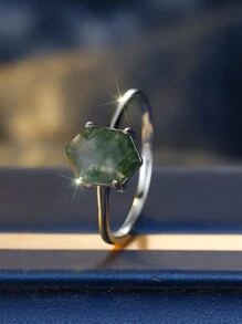 优雅纯银六角形绿玛瑙戒指，女士订婚/结婚/周年纪念/生日礼物 - 綠色 - 查看 1
