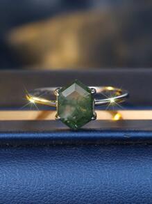 优雅纯银六角形绿玛瑙戒指，女士订婚/结婚/周年纪念/生日礼物 - 綠色 - 查看 6