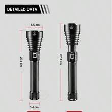 Đèn pin LED XHP360 công suất cao mới với ánh sáng mạnh sử dụng pin 18650/26650 có thể sạc lại, đèn pin chiến thuật có thể thu phóng dạng ống lồng mạnh mẽ, đèn lồng LED săn bắn ngoài trời, đèn cắm trại, đèn chiếu sáng đi bộ đường dài - màu đen - Xem 2