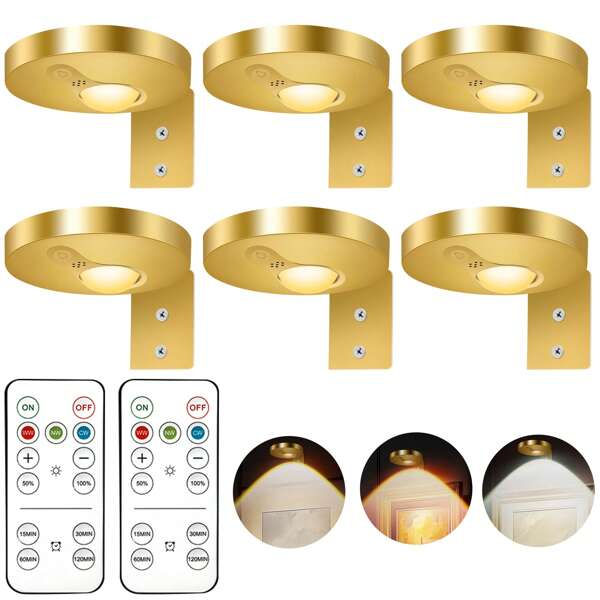 6Pcs Rechargeable Picture Lights For Wall, 1200mAh Battery Operated Wall Frame Lights, Puck Lights With Remote, Dimmable & Timer Art Lighting For Paintings Wireless, Magnetic Gallery Light Gold