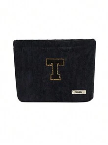 Túi cầm tay nhung kẻ, Túi đựng đồ trang điểm, Túi đựng đồ sọc đơn giản khi đi du lịch, Khăn đen thêu chữ A-Z, Ví đựng mỹ phẩm màu trơn, Túi đựng đồ trang điểm du lịch nhung kẻ dung tích lớn: Hoàn hảo cho việc làm đẹp khi di chuyển! Túi đựng đồ mỹ phẩm du lịch, Đơn giản và cao cấp, Đựng phụ kiện, Thích hợp để cất giữ trong ký túc xá, Du lịch, Đi công tác, Bơi lội, Đựng đồ tại nhà - màu đen - Xem 34