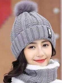 1 set Bonnet et écharpe tricotés pour femme en hiver, ensemble de bonnet épais doublé pour réchauffer les oreilles