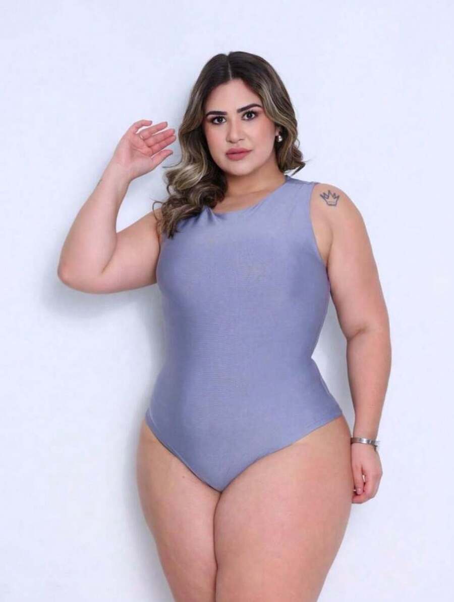 Sara Plus Size Bodysuit Basic Tank Top With Lining - 灰色 - 查看 1