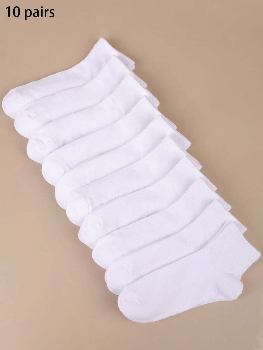 10 paires de chaussettes courtes décontractées et à la mode pour femmes, couleurs mélangées multicolores, unies, absorbantes de transpiration, toutes saisons - Blanc - Voir 1