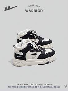 WARRIOR 女士运动风格系带高帮运动鞋，带毛皮衬里，保暖户外休闲鞋，轻便舒适防滑拼色 - 黑與白 - 查看 4