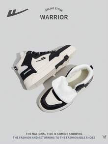 WARRIOR 女士运动风格系带高帮运动鞋，带毛皮衬里，保暖户外休闲鞋，轻便舒适防滑拼色 - 黑與白 - 查看 6