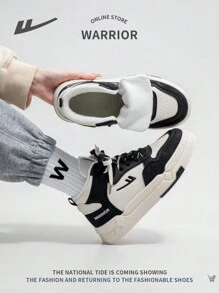 WARRIOR 女士运动风格系带高帮运动鞋，带毛皮衬里，保暖户外休闲鞋，轻便舒适防滑拼色 - 黑與白 - 查看 7