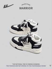 WARRIOR 女士运动风格系带高帮运动鞋，带毛皮衬里，保暖户外休闲鞋，轻便舒适防滑拼色 - 黑與白 - 查看 5