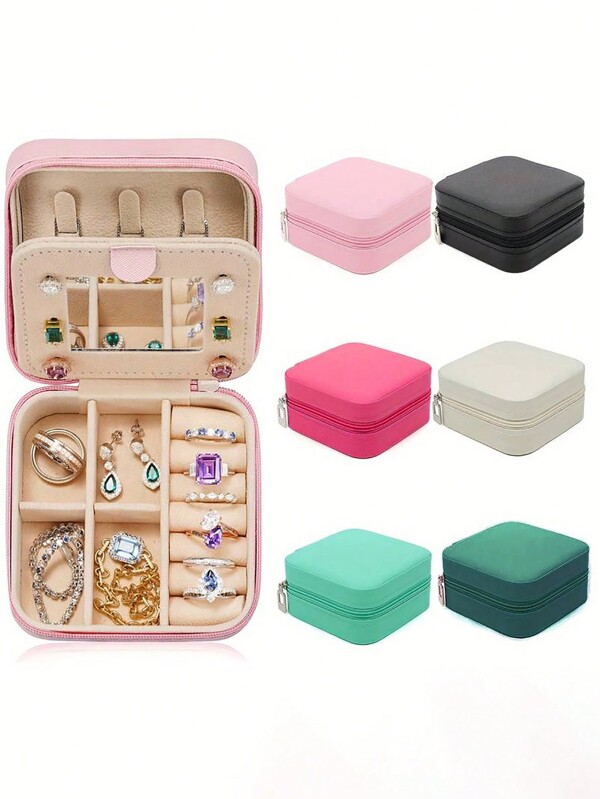 1pc Jewelry Box With Mirror, Portable Travel Zipper Jewelry Box, Travel And Home Simple Jewelry Box, Fashionable Personalized Leather Mini Jewelry Box, Earrings, Necklaces, Rings Storage Box, Dust-Proof Small Jewelry Storage Box, Women Jewelry Accessories Storage Box And Vanity Table Storage Box, Ideal For Storing Rings, Pendants, Earrings, Ties, Bracelets, Best Gift For Girlfriend, Mother's Day, Anniversary, Valentine's Day, Christmas, New Year, Man's Gift, Woman's Gift Back To School