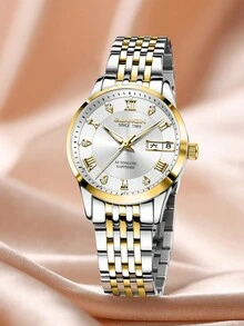 1 chiếc đồng hồ dạ quang chống nước GUANQIN có lịch đôi đính đá giả kim cương, dây đeo bằng thép không gỉ chống mài mòn, thời trang doanh nhân sang trọng, cổ điển, đơn giản, thường ngày, tự lên dây cót cho nam, đồng hồ cơ tự động thích hợp cho lễ hội, hẹn hò, kinh doanh, quà tặng - Hoa hồng vàng - Xem 2