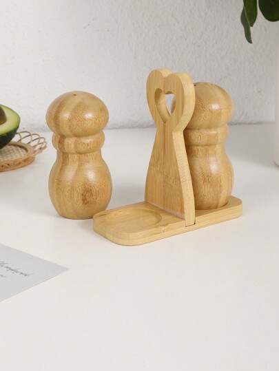 1 juego de 2 tarros de especias de bambú con soporte, botellas vintage de condimentos tipo salero y pimentero, caja de madera para pimienta y azúcar, ideal para cocina, viajes, regalo de Navidad y útiles escolares