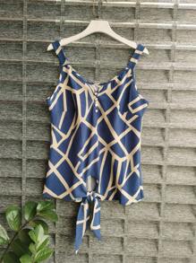 SOCIAL 2040 Women's Printed Tank Top With Wide Straps And Buttons Blogger, Trend, Fashion, Casual - 藍色 - 查看 1