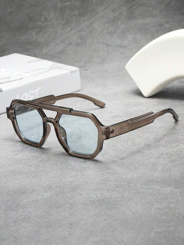 1 pieza Gafas de hombre con doble puente y montura cuadrada, de estilo minimalista y elegante, apropiadas para conducir, viajar, uso casual, vacaciones, deportes al aire libre y uso diario. Accesorios de gafas de sol para la playa, vacaciones, al aire libre y viajes.
