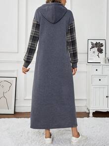 女士连帽套头羊毛运动衫拼布格子长裙