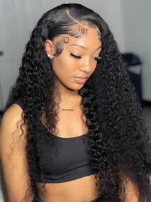 Eulisi 蕾丝前假发 人发杰瑞卷发 13x4 蕾丝前假发 女士用人发 已拔取婴儿头发 150% 密度巴西卷发蕾丝前假发 人发 - 黑色 - 查看 8