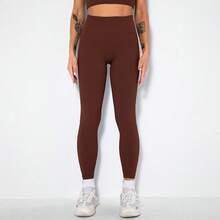 Women Yoga Leggings Ribbed Seamless Workout High Waist Athletic Pants - Brown - View 4