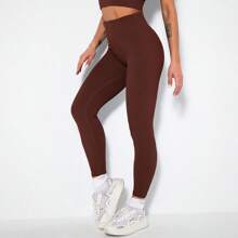 Women Yoga Leggings Ribbed Seamless Workout High Waist Athletic Pants - Brown - View 2