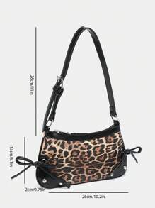 1 件复古肩带蝴蝶结装饰外露栗色/黄色和豹纹单肩腋下法棍包，适合约会、外出、派对