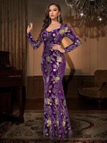 优雅长袖亮片美人鱼晚礼服，正式舞会礼服，适合婚礼嘉宾、毕业典礼、晚宴 - 紫色 - 查看 3