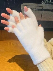 1 par de guantes sin dedos mullidos de unicolor para mujer, calentadores de muñeca de punto, adecuados para el calor diario de invierno en deportes al aire libre