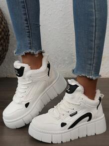 女士高帮鞋，冬季新款，厚保暖内衬，保暖，厚底运动鞋，时尚休闲运动运动鞋，防水底 - 白黑 - 查看 7