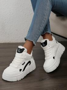 女士高帮鞋，冬季新款，厚保暖内衬，保暖，厚底运动鞋，时尚休闲运动运动鞋，防水底 - 白黑 - 查看 9