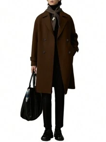 1 件男士双排扣翻领大衣，秋冬款 - 巧克力棕 - 查看 5