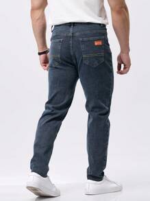 秋冬季男士抓绒保暖修身直筒牛仔裤 - 藍色 - 查看 2