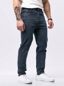 秋冬季男士抓绒保暖修身直筒牛仔裤 - 藍色 - 查看 4