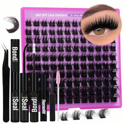 40D 60D 80D DIY Eyelash Extension Kit, Includes Adhesive, Tweezers, Brush, Remover, Cluster Lashes, Dense & Natural Lashes 8-18mm Mixed, Personal Eyelash Extension Kit With Lash Glue & Applicator, For DIY At Homelash Clusters Kit,Lashes,Eyelashes,Fake Lashes