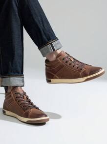 SHOESMALL Men's Leather Sneakers High Top Fashion Casual Shoes Dress Sneakers Boots For Men - AMY5106A-深棕色 - 查看 4