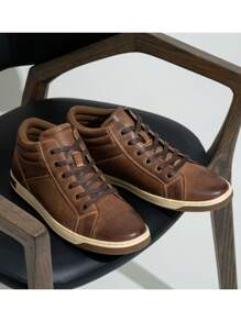 SHOESMALL Men's Leather Sneakers High Top Fashion Casual Shoes Dress Sneakers Boots For Men - AMY5106A-深棕色 - 查看 3