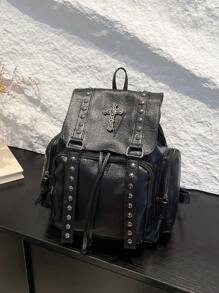 Original Handmade Y2K Hot Girl Soft Leather Subculture Backpack Dark Cross Iron Chain Commuting Bag - Black - View 6