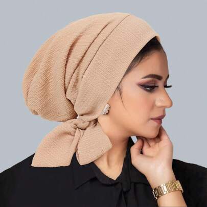 1pc Lace Up Under Cap Solid Color Turban Cap Lightweight Elastic Head Wraps Inner Hijab Hats Beanies For Women