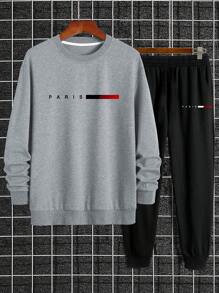 2pcs Men's Casual Sweatshirt With Printed Design And Regular Fit Pants Set - Black - View 3