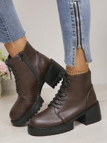 Women's New Platform Thick Sole Comfortable Side Zipper Ankle Boots, Round Toe Motorcycle Boots, Outdoor Round Toe Side Zip Lace-Up Naked Boots, Coffee Color
